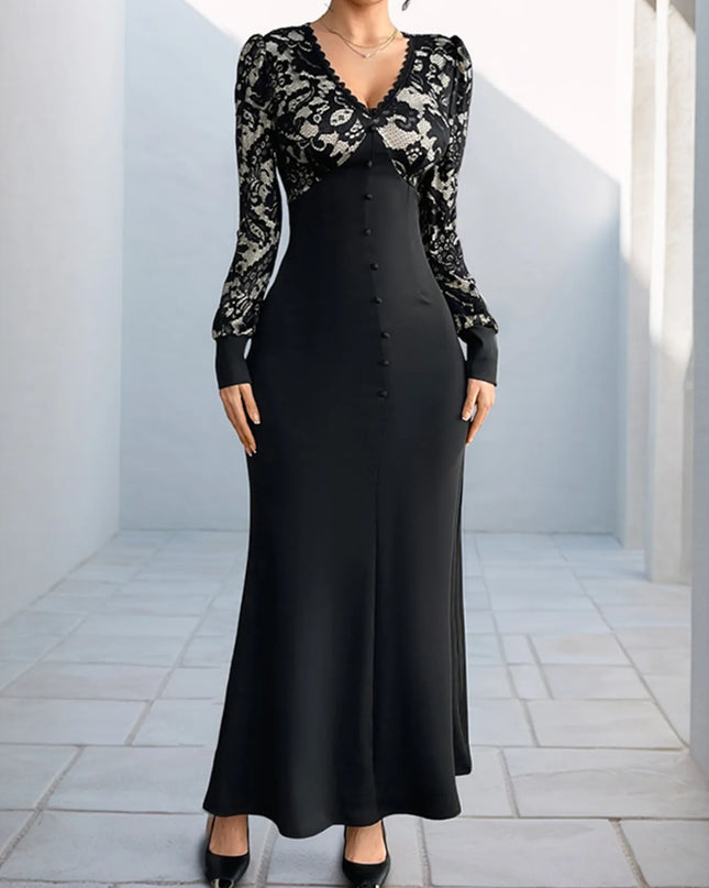 Lace V-Neck Long Sleeve Maxi Dress