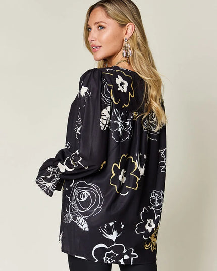 Double Take Full Size Printed Flounce Sleeve Blouse