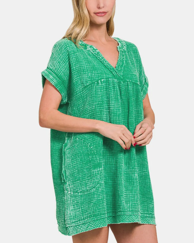 Zenana Washed Notched Short Sleeve Mini Dress KGREEN