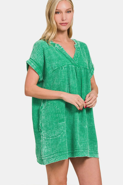 Zenana Washed Notched Short Sleeve Mini Dress KGREEN
