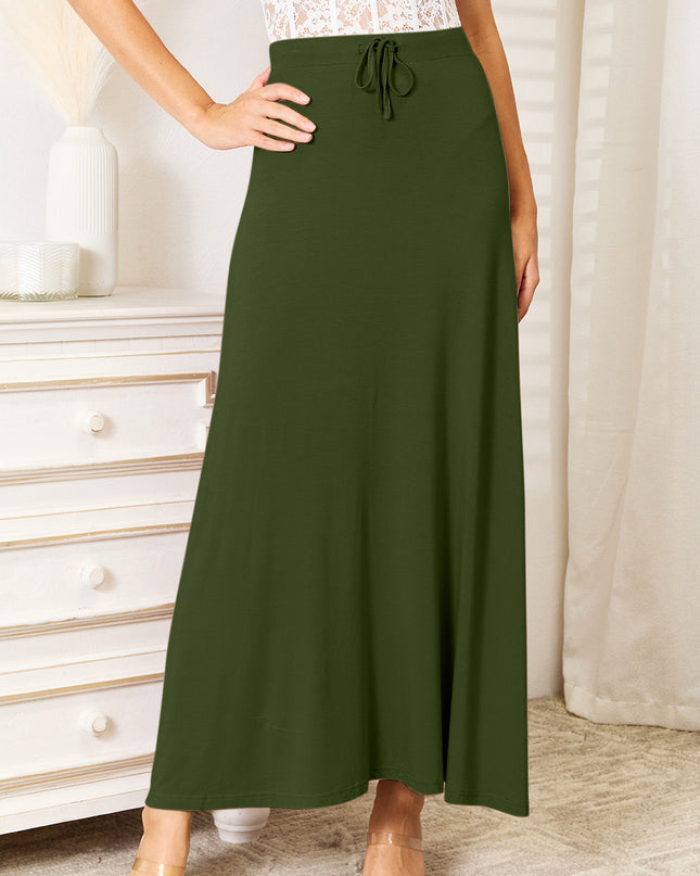 Double Take Full Size Soft Rayon Drawstring Waist Maxi Skirt Dark Green