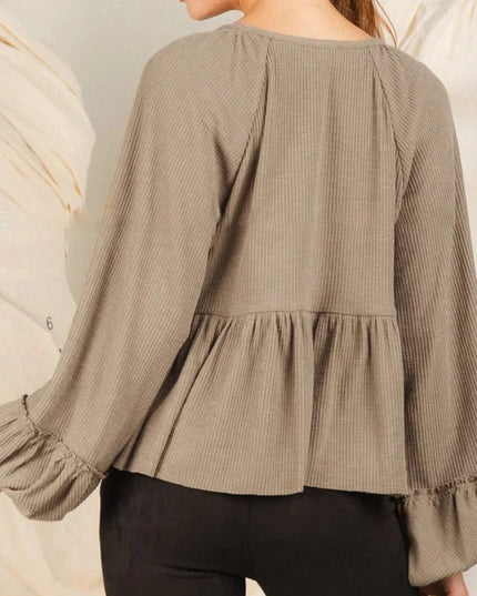 Notched Balloon Sleeve Peplum Blouse