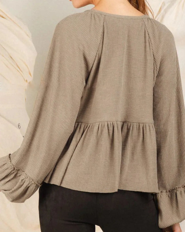 Notched Balloon Sleeve Peplum Blouse