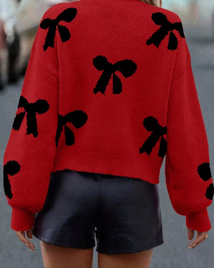 Round Neck Bow Pattern Pearl-Embellished Sweater