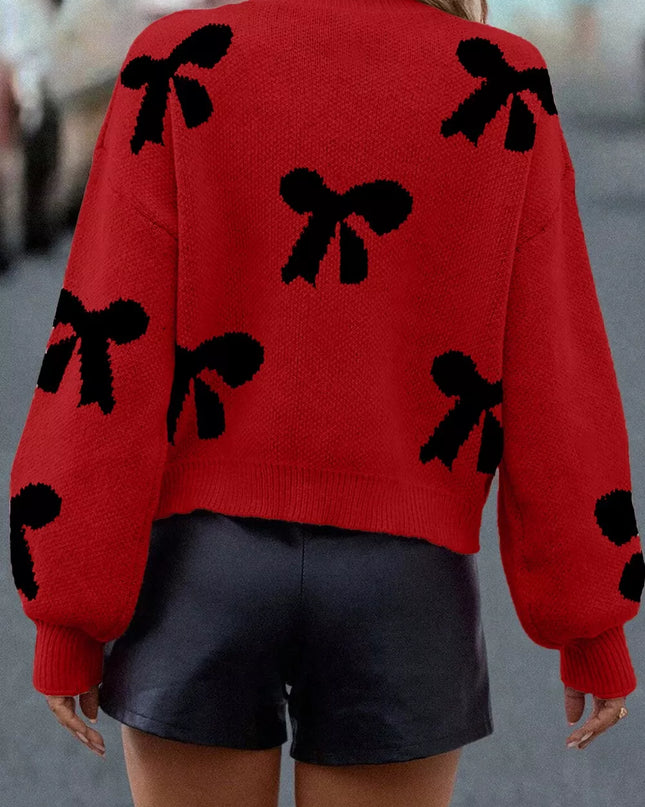 Round Neck Bow Pattern Pearl-Embellished Sweater