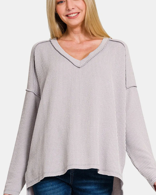 Zenana Texture Exposed Seam V-Neck Long Sleeve T-Shirt Light Gray