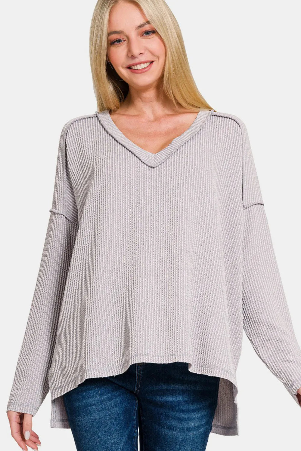 Zenana Texture Exposed Seam V-Neck Long Sleeve T-Shirt Light Gray