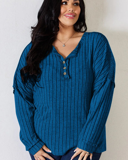 Basic Bae Full Size Ribbed Half Button Long Sleeve T-Shirt