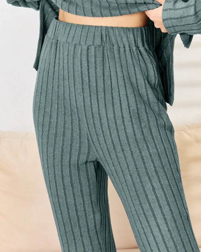 Basic Bae Full Size Ribbed Drawstring Hooded Top and Straight Pants Set