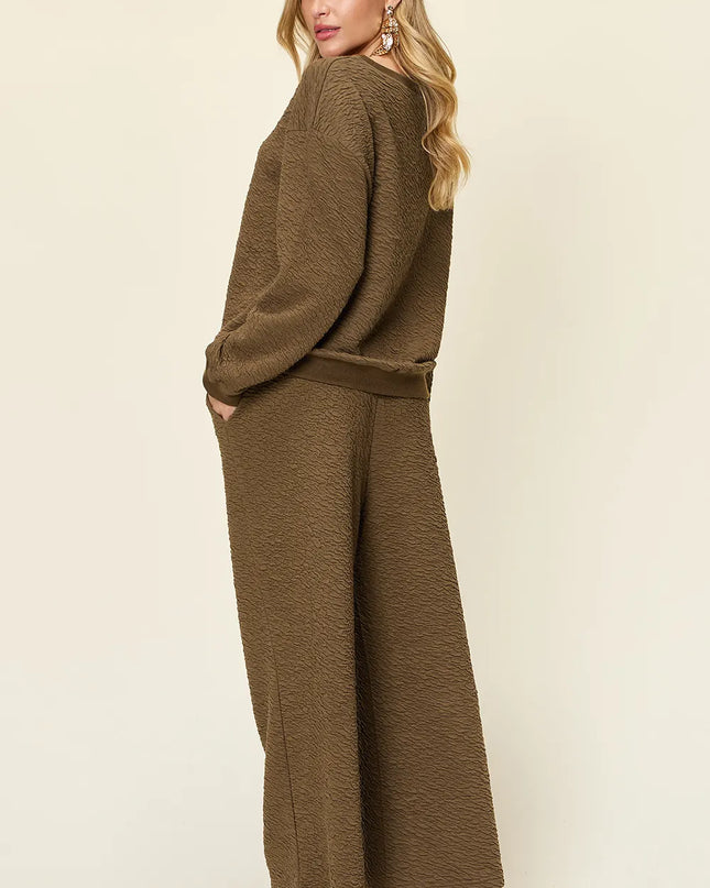 Double Take Full Size Texture Long Sleeve Top and Pants Set