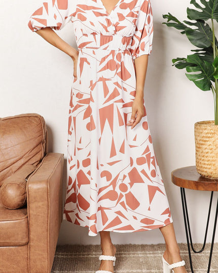 Printed Surplice Balloon Sleeve Dress Camel