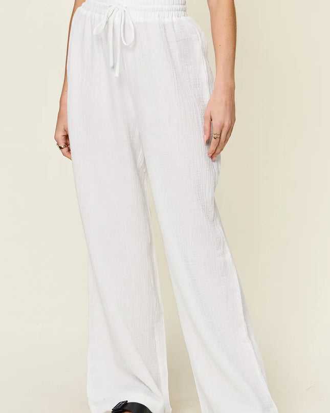 Double Take Full Size Texture Drawstring Wide Leg Pants White