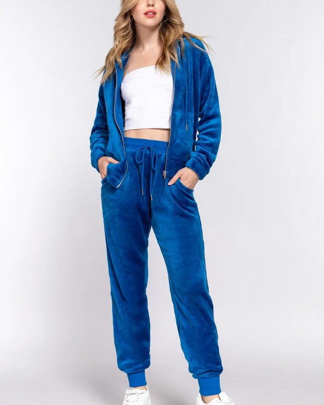 ACTIVE BASIC Faux Fur Zip Up Long Sleeve Hoodie and Joggers Set