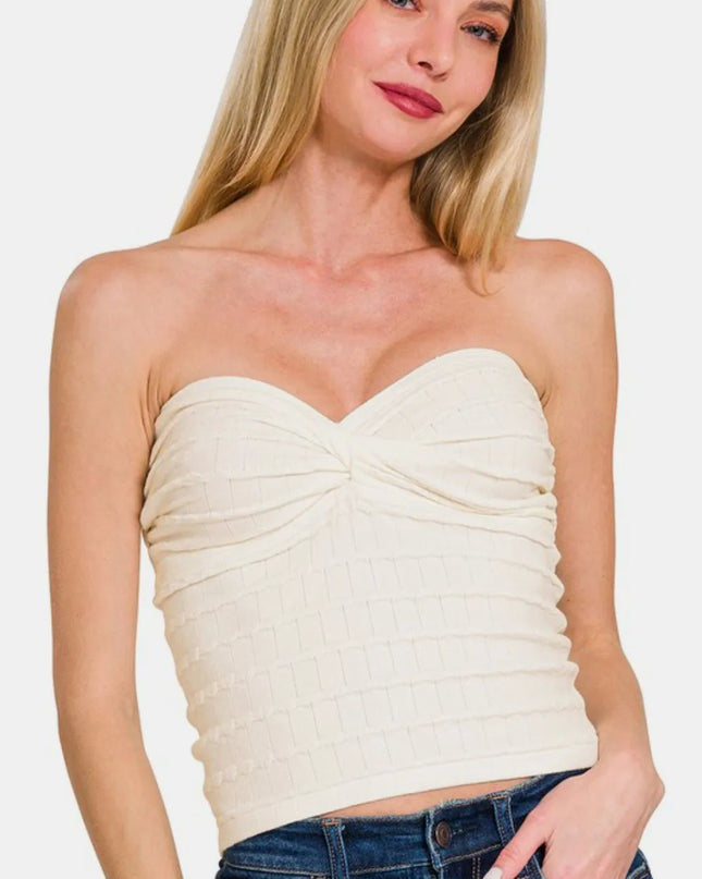 Zenana Ruched Twisted Sweetheart Neck Top Ivory