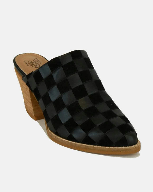 Beast Fashion Woven Checkerboard Block Heel Mule Shoes Black