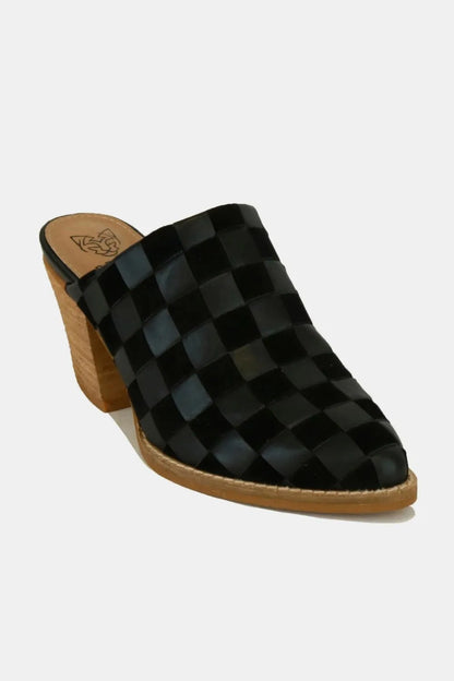 Beast Fashion Woven Checkerboard Block Heel Mule Shoes Black
