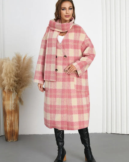 Plaid Button Up Long Sleeve Coat Burnt Coral
