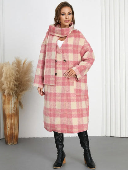 Plaid Button Up Long Sleeve Coat Burnt Coral