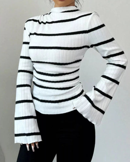 Striped Mock Neck Flare Sleeve Knit Top