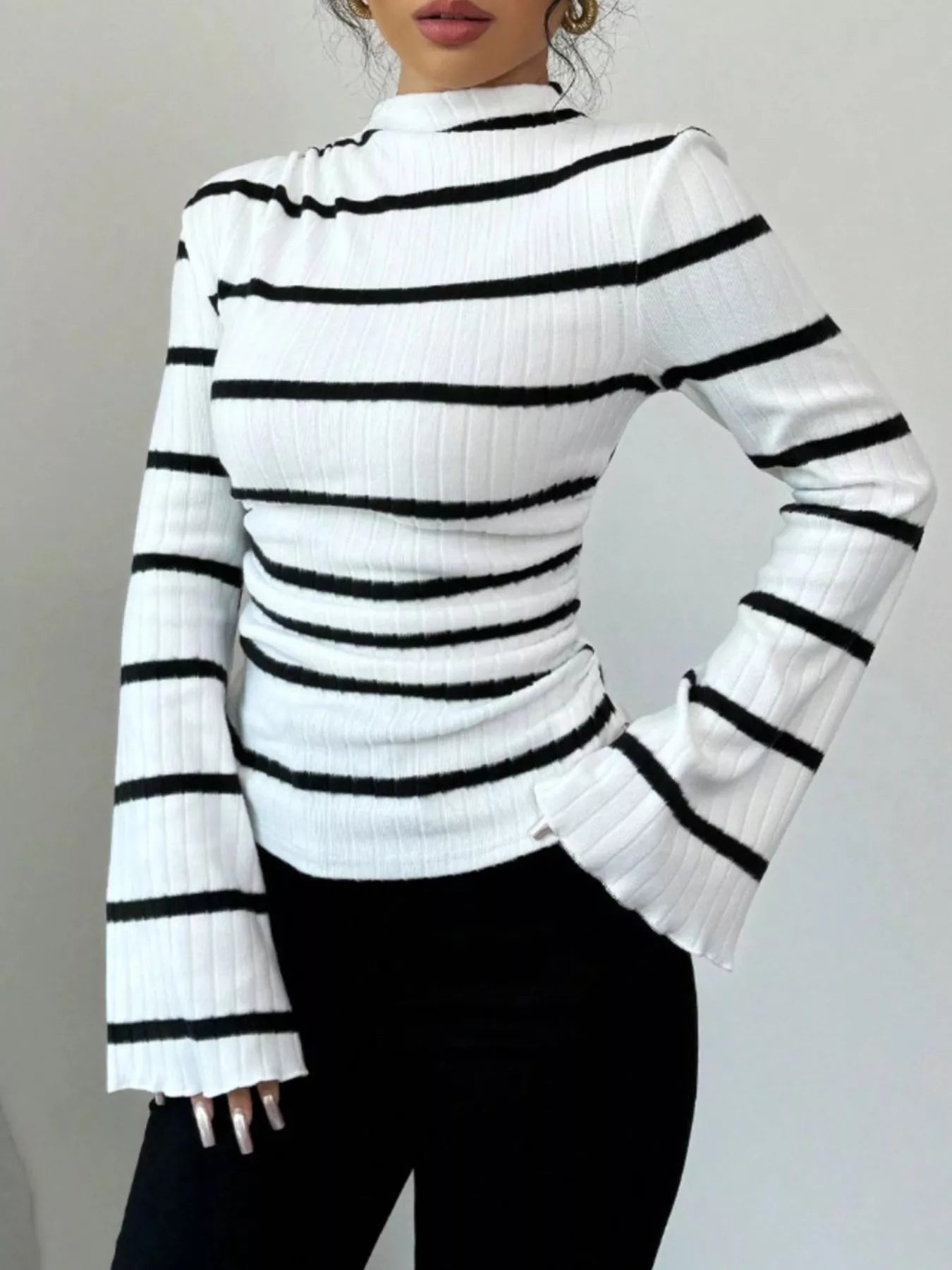 Striped Mock Neck Flare Sleeve Knit Top