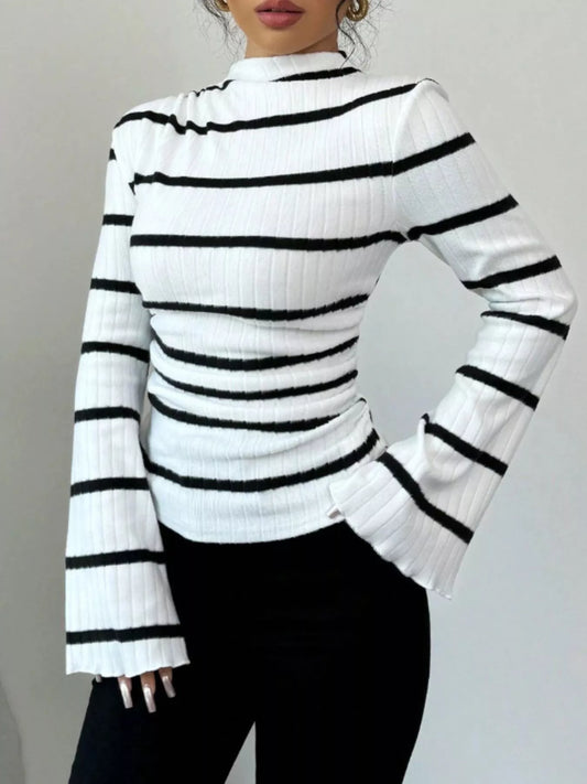 Striped Mock Neck Flare Sleeve Knit Top