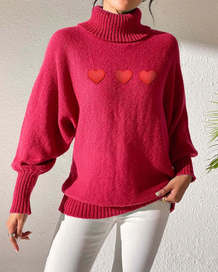 Heart Turtleneck Long Sleeve Sweater Deep Red
