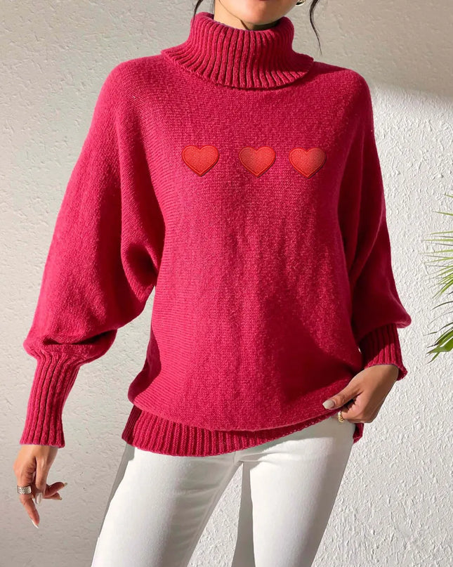 Heart Turtleneck Long Sleeve Sweater Deep Red