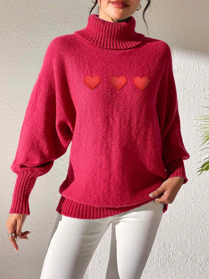Heart Turtleneck Long Sleeve Sweater Deep Red