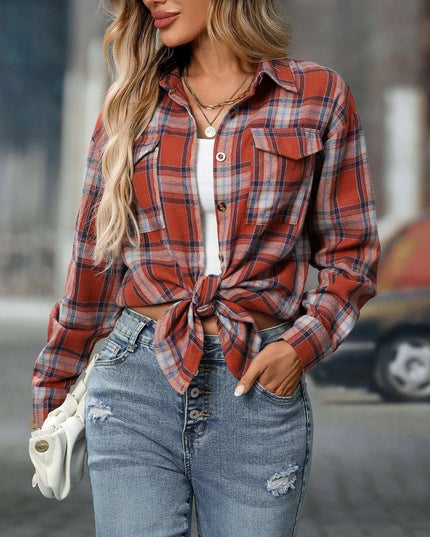 Plaid Button-Down Oversized Shirt Caramel Color