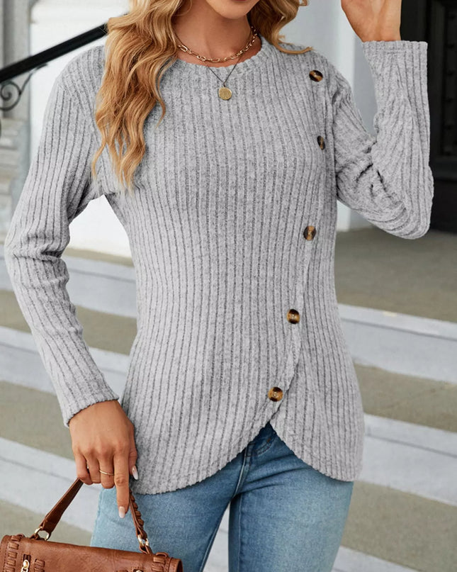 Ribbed Knit Decor Button T-Shirt