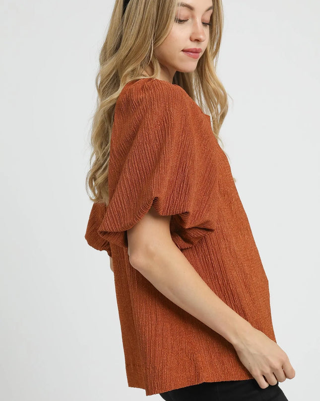 Umgee Textured Flutter Sleeve Notch Neck Top