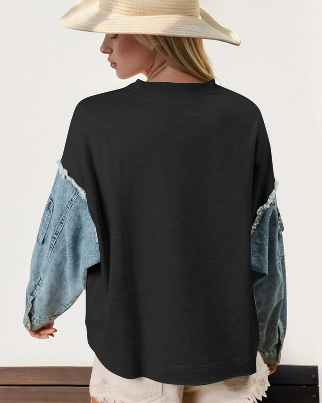Double Take Raw Edge Star Contrast Sweatshirt