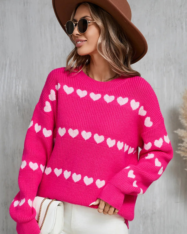 Angel Wings Heart Round Neck Long Sleeve Sweater Hot Pink