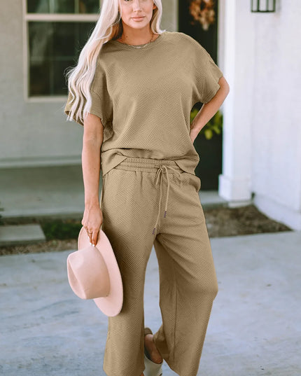 Double Take Full Size Texture Short Sleeve Top and Pants Set