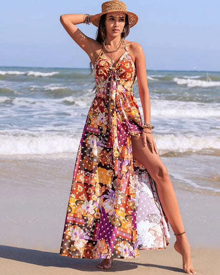 Slit Printed Halter Neck Cami Dress 