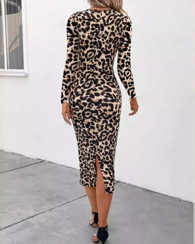 Leopard Print Long Sleeve Bodycon Midi Dress 