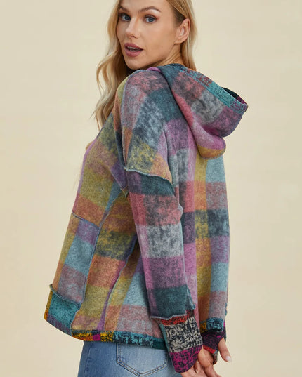 Double Take Full Size Plaid Dropped Shoulder Fleece Hoodie