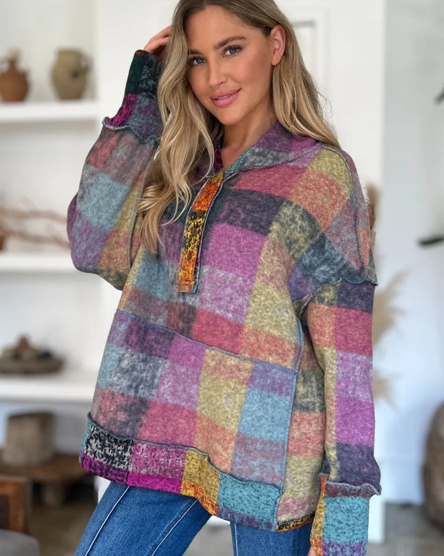 Double Take Full Size Plaid Dropped Shoulder Fleece Hoodie