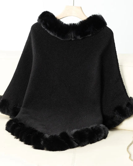 Fuzzy Trim Texture Three-Quarter Sleeve Poncho