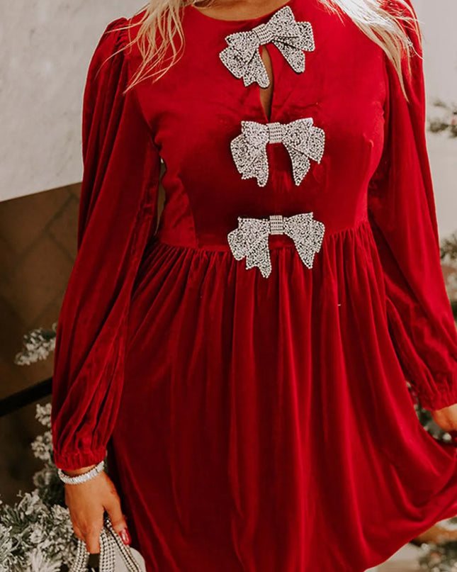Velvet Bow Front Balloon Sleeve Dress