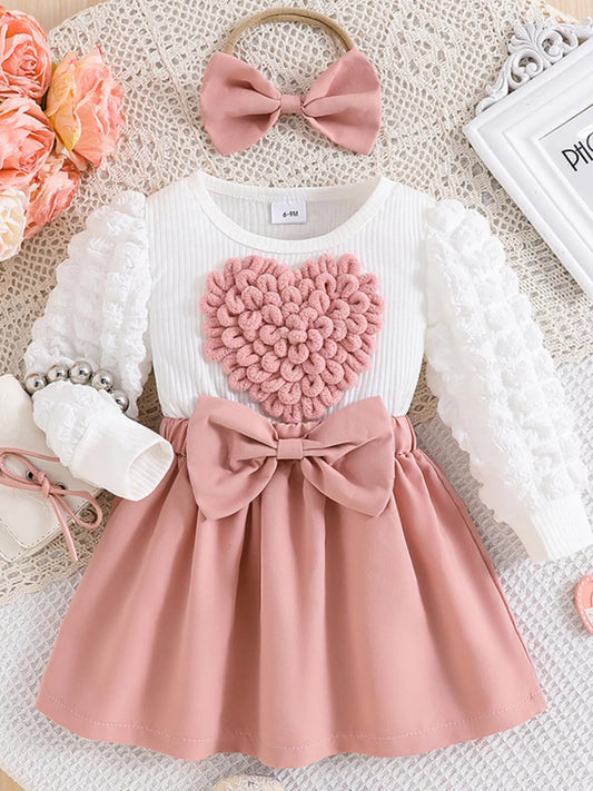 Children's Heart Bowknot Decor Dress with Headband Pink