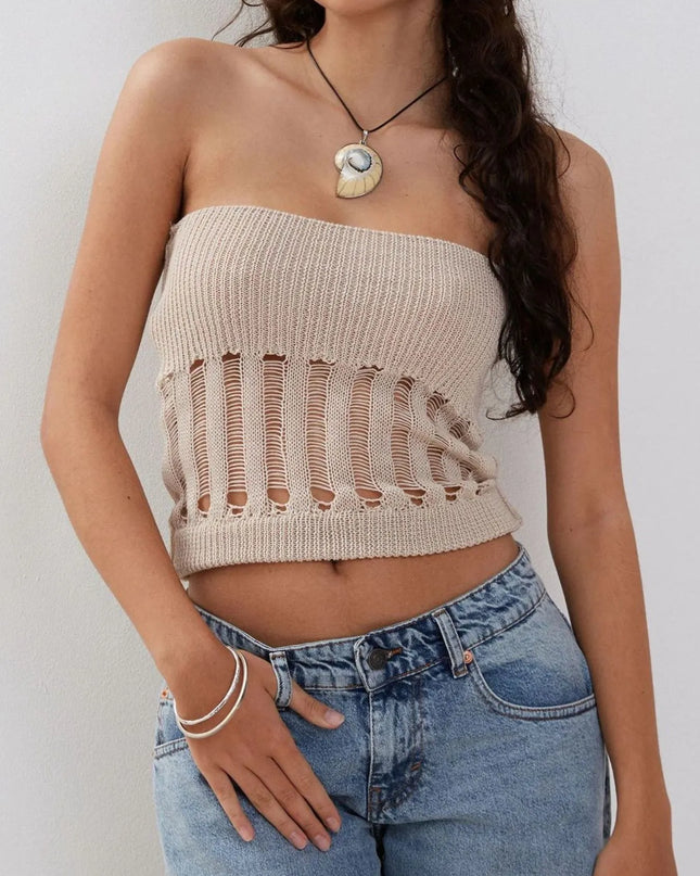 Openwork Knit Tube Top Dust Storm