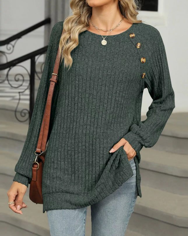 Ribbed Round Neck Long Sleeve T-Shirt