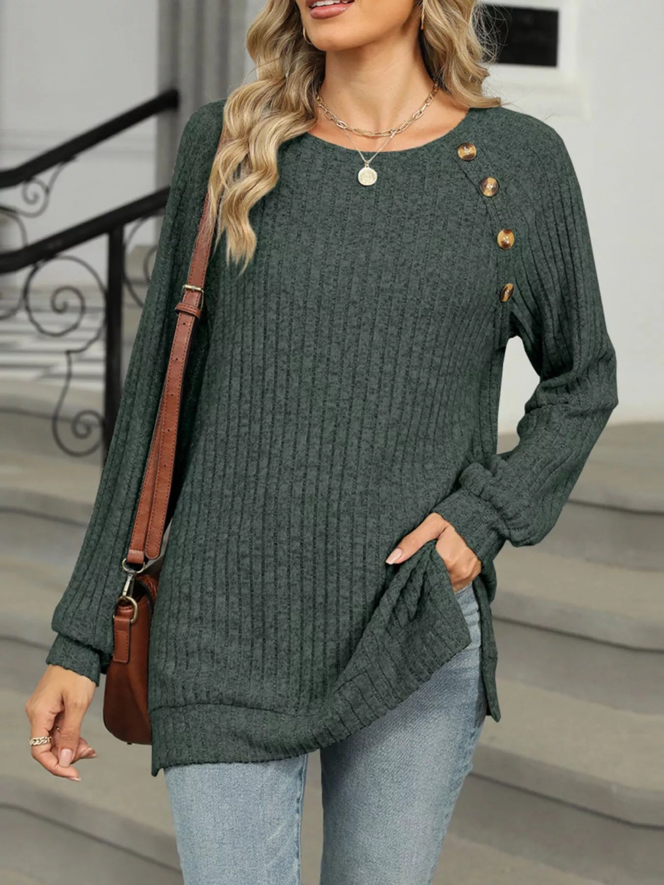 Ribbed Round Neck Long Sleeve T-Shirt