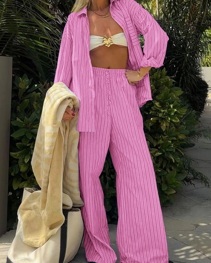 Striped Button Up Shirt and Pants Set Pink