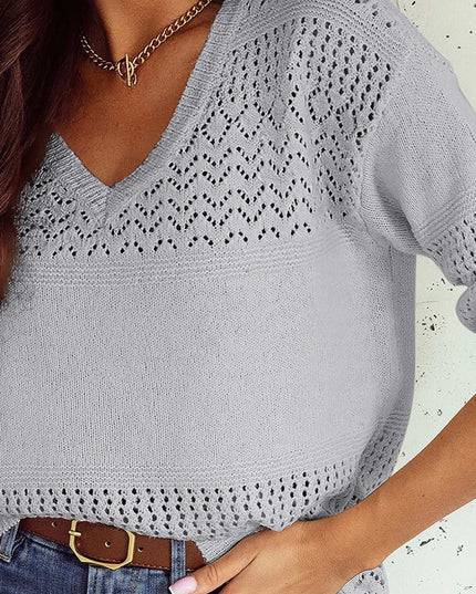 Eyelet Deatil V-Neck Long Sleeve Sweater