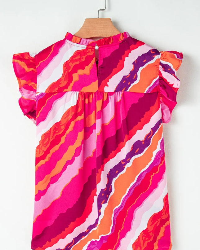 Abstract Print Shirred Yoke Ruffled Blouse