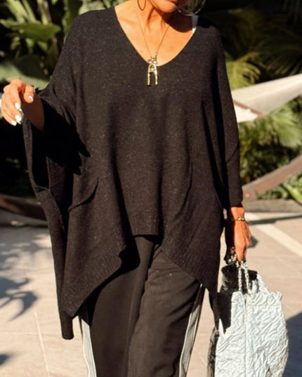 Ribbed Hem V-Neck Sweater Black