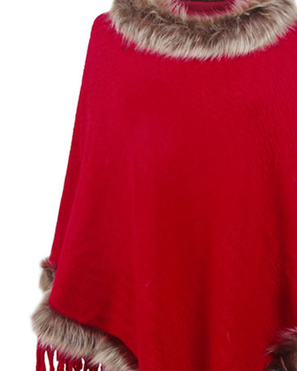 Faux Fur Trim Fringed Poncho