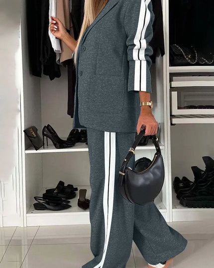 Full Size Contrast Lapel Collar Top and Pants Set